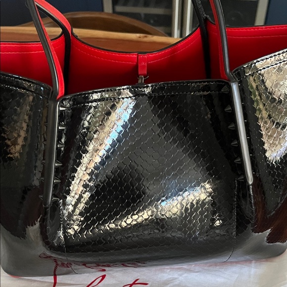 Christian Louboutin Caba Rock Patent Birdy Black and Red Textured Tote - Picture 7 of 10